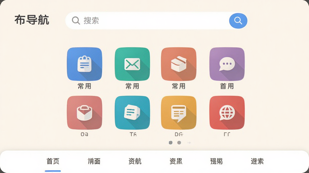 布导航 软件主界面截图,主体是一个简洁的导航网站首页,布局包含顶部搜索框、中间常用网站图标网格、底部导航分类标签,排版清晰整齐,风格现代简约扁平化,细节圆润,画质干净无多余元素,背景为浅色,图片中显示文字“布导航”