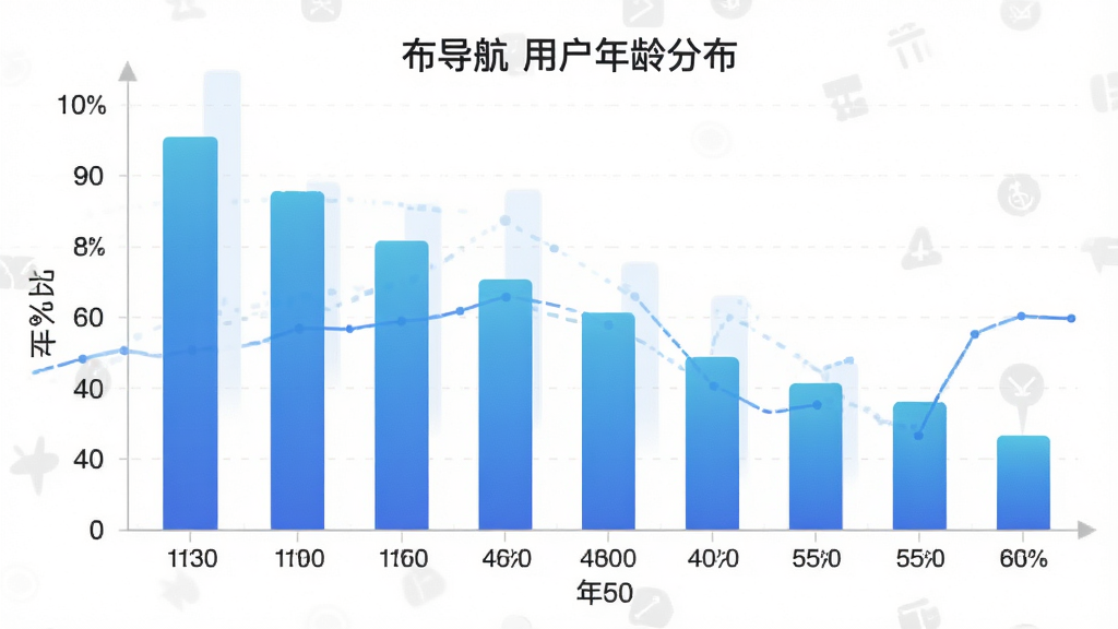 布导航 用户年龄分布柱状图,主体是柱状图表,布局为横向坐标轴显示年龄段,纵向坐标轴显示百分比,排版清晰,风格为现代数据可视化,细节包含18-60岁不同年龄段的柱子,颜色为蓝色渐变,背景为白色,画质干净无多余元素,图片中文字显示“布导航 用户年龄分布”