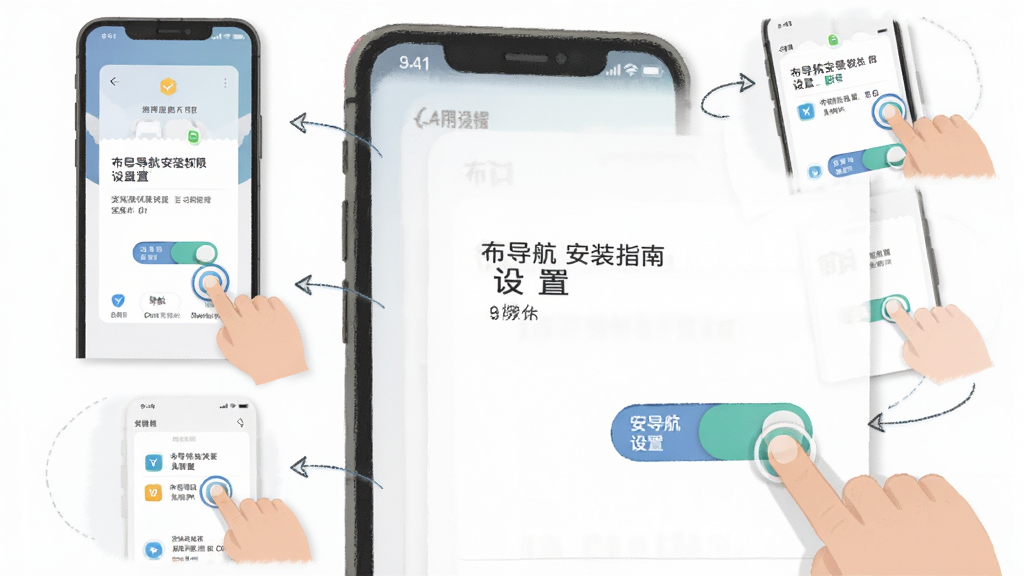 布导航 使用教程示意图,主体是手机屏幕展示安装权限设置界面,布局为分步操作图示,排版从上到下排列,风格为扁平化教学插画,细节包含手指点击和开关按钮,背景为白色,画质清晰干净,图片中文字显示“布导航 安装指南”