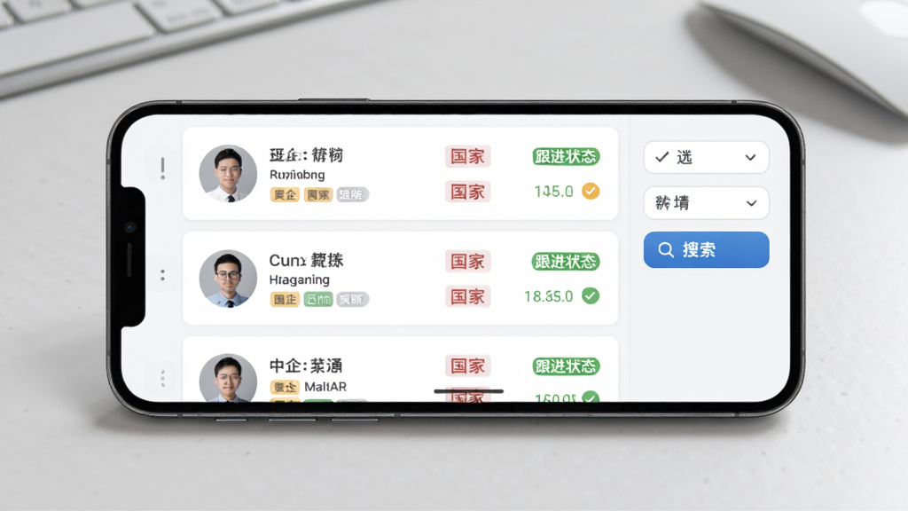 中企跨境通客户管理界面展示,画面中一部手机横屏显示客户列表,每个客户卡片带有头像、公司名称、国家标签和跟进状态标识,右侧有筛选和搜索按钮,背景为浅灰色办公桌面,风格商务简洁,画质清晰,无多余元素