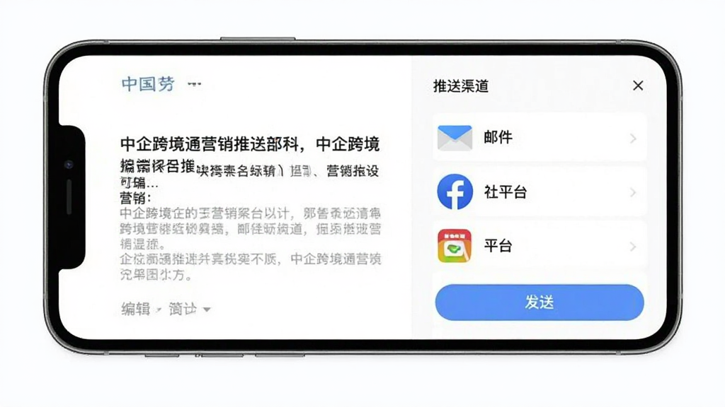 中企跨境通营销推送界面展示,手机屏幕显示编辑好的营销文案和推送渠道选择列表,包含邮件、社交平台图标,右侧有发送按钮,背景为白色简洁风格,画质干净,无多余元素