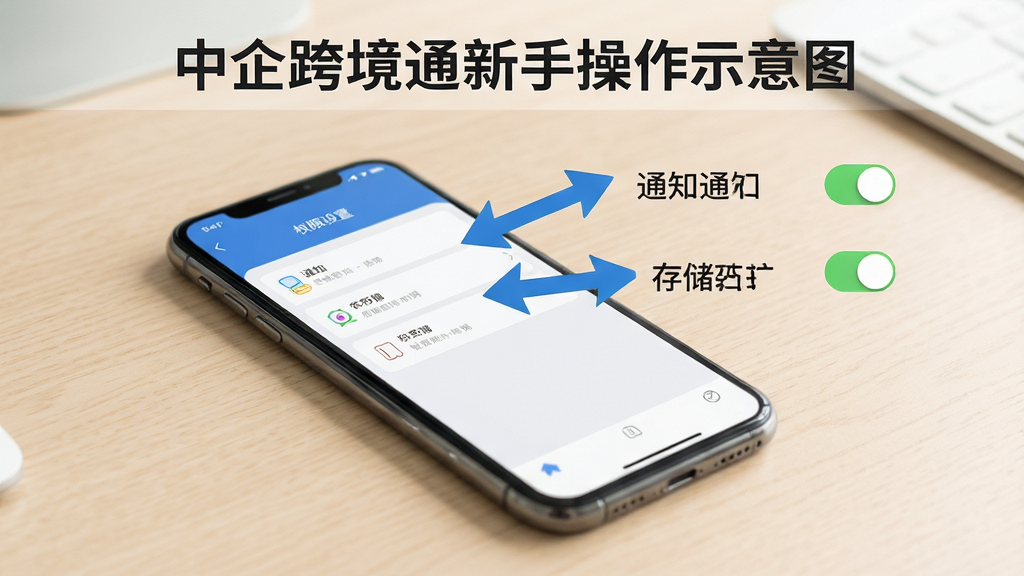 中企跨境通新手操作示意图,画面中一部手机显示权限设置界面,旁边有箭头指向通知、存储等权限开关,背景为浅色桌面,风格简洁明了,画质清晰,无多余元素