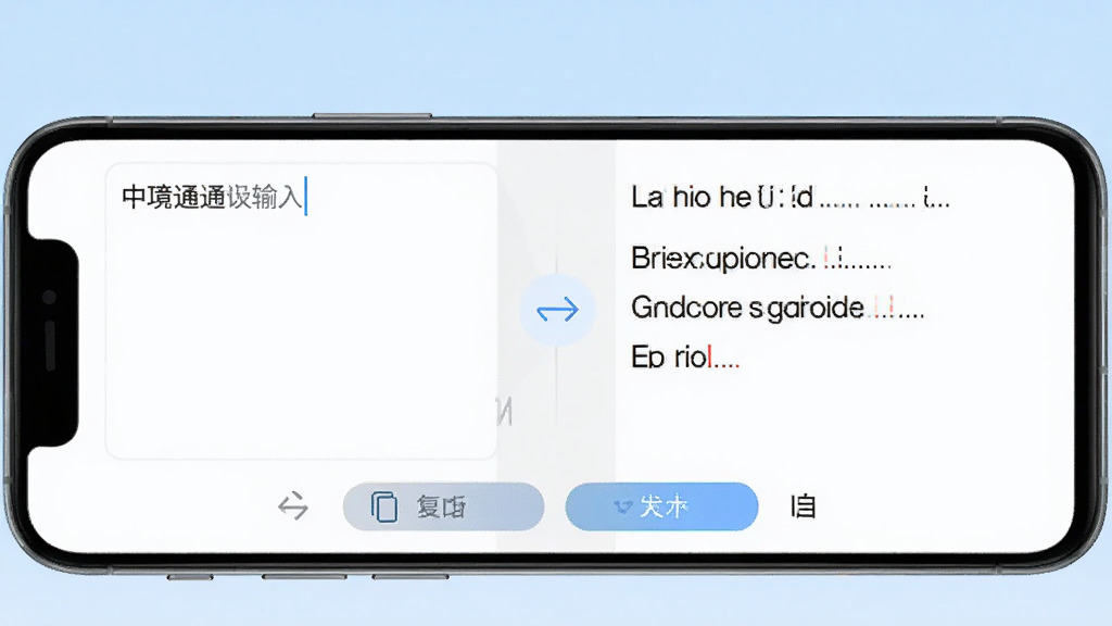 中企跨境通翻译辅助界面展示,手机屏幕左侧为中文输入框,右侧为英文翻译结果,中间有切换箭头,底部有复制和发送按钮,背景为浅蓝色渐变,风格简洁,画质干净,无多余元素