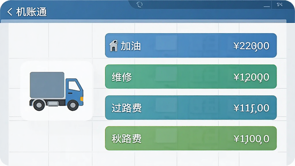 机账通应用界面中展示车辆账目分类记账功能,画面里一辆卡车图标旁排列着加油、维修、过路费等账目条目,每个条目有金额数字,背景是浅色表格,布局整齐,风格简洁商务,细节清晰,画质干净,无多余元素