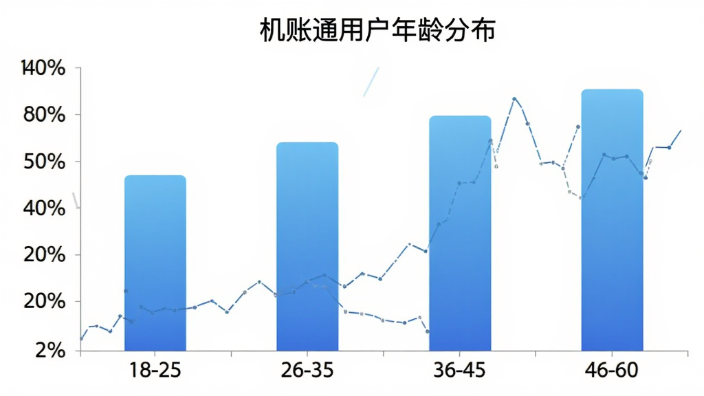 机账通用户年龄分布柱状图,横轴为年龄段18-25、26-35、36-45、46-60,纵轴为用户占比百分比,柱状颜色渐变蓝,图表标题为机账通用户年龄分布,背景白色,布局简洁,风格数据可视化,细节清晰,画质干净,无多余元素