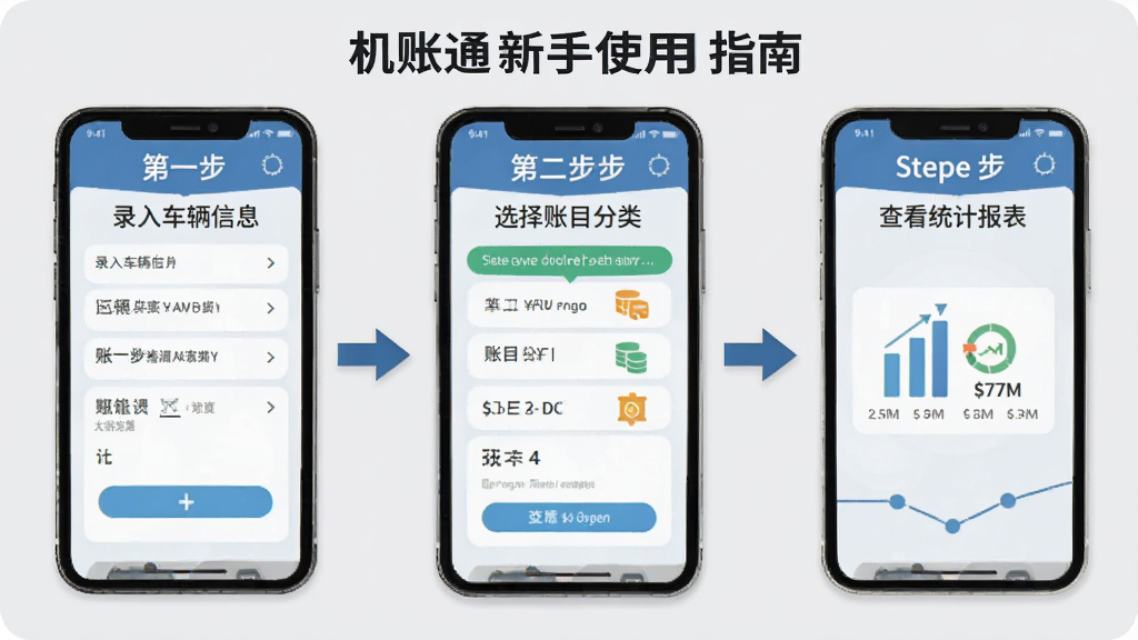 机账通新手使用指南示意图,画面展示手机屏幕上的操作步骤,第一步录入车辆信息,第二步选择账目分类,第三步查看统计报表,三个步骤用箭头连接,背景是浅灰色,布局清晰直观,风格扁平化教程风,细节明确,画质干净,无多余元素