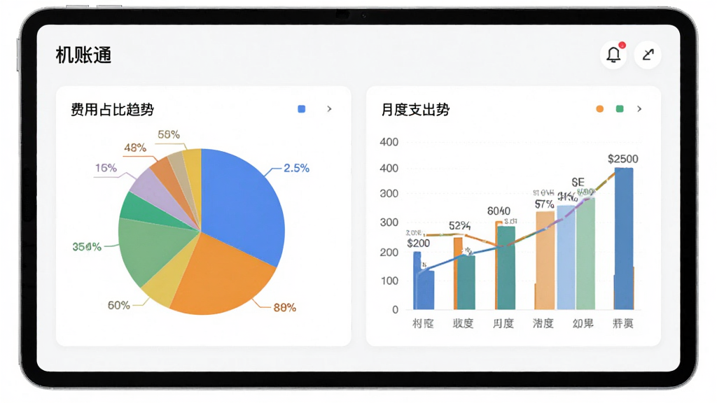 机账通应用内的收支统计页面,画面中央是饼状图和柱状图展示费用占比与月度支出趋势,图表颜色分明,数据标签清晰,背景是白色卡片式布局,风格现代简约,细节精致,画质干净,无多余元素