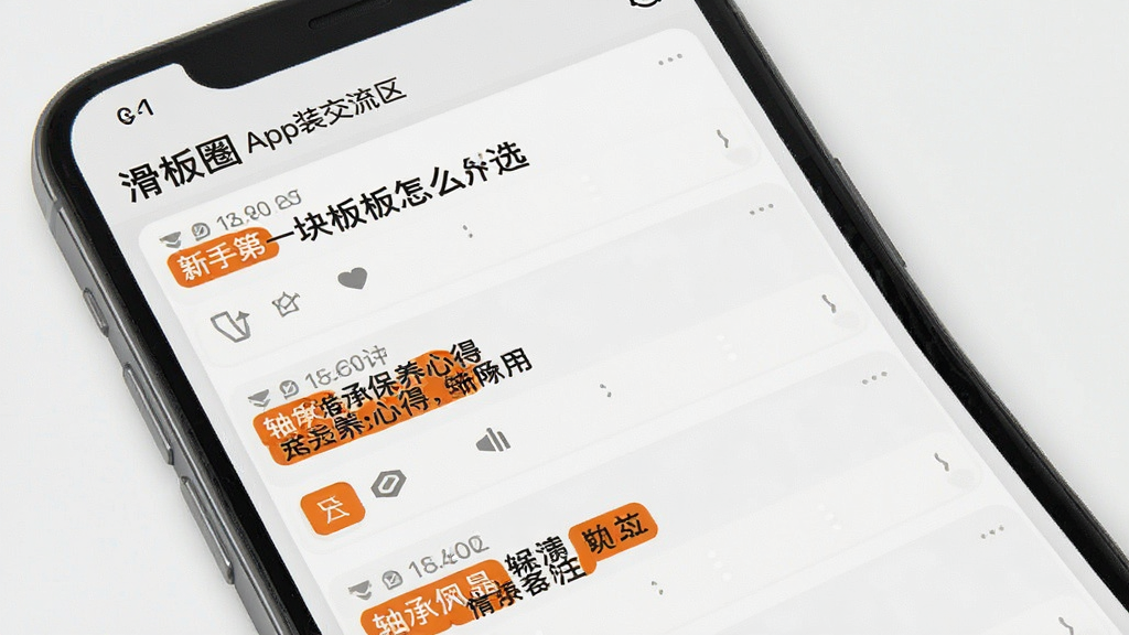 一张展示“滑板圈”App装备交流区界面的手机图,画面中显示多个滑板配件讨论帖子,标题包含“新手第一块板怎么选”“轴承保养心得”等,帖子列表清晰排列,界面以浅灰色背景搭配橙色标签,风格干净整洁,画质清晰,无多余元素。