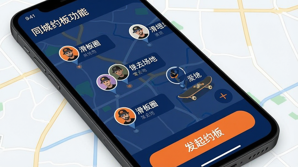 一张展示“滑板圈”App同城约板功能的手机界面图,画面中显示地图上分布着多个滑板爱好者头像,每个头像旁标注着昵称和常去场地,底部有“发起约板”按钮,界面风格简洁运动,以深蓝色和橙色为主,细节清晰,画质干净,无多余元素。