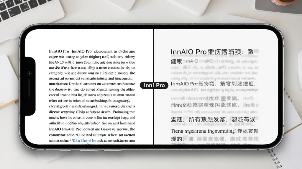 一张展示InnAIO Pro文档与图片翻译功能的图片,主体是手机屏幕显示一份英文PDF文档和对应的中文翻译,布局是上下分屏对照,风格是办公学习风,细节上文档边缘有轻微的阴影,背景是干净的桌面,画质清晰干净,无多余元素
