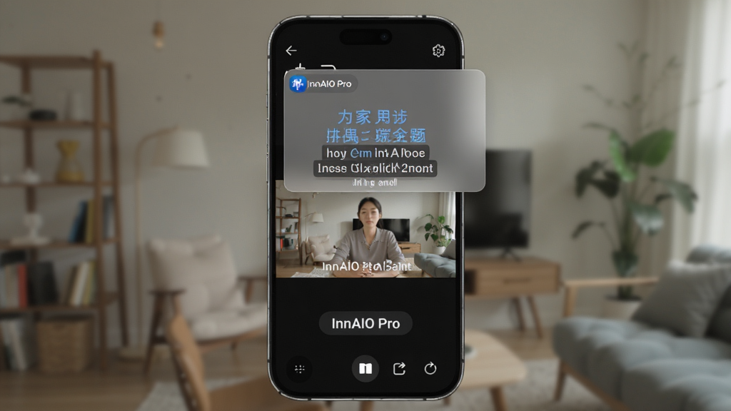 一张展示InnAIO Pro实时悬浮翻译功能的图片,主体是手机屏幕显示视频画面,画面上方悬浮着InnAIO Pro的翻译小窗口,窗口内显示着中英对照字幕,布局是手机竖屏居中,风格是生活化场景,细节上悬浮窗有轻微的毛玻璃效果,背景是模糊的室内环境,画质清晰干净,无多余元素