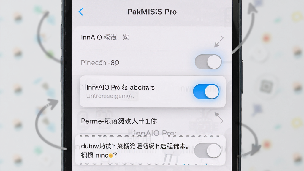 一张展示InnAIO Pro新手设置流程的图片,主体是手机屏幕显示权限设置页面,页面上有悬浮窗权限开关和引导提示,布局是竖屏列表式,风格是简洁教程风,细节上开关按钮有高亮指示,背景是浅灰色,画质清晰干净,无多余元素