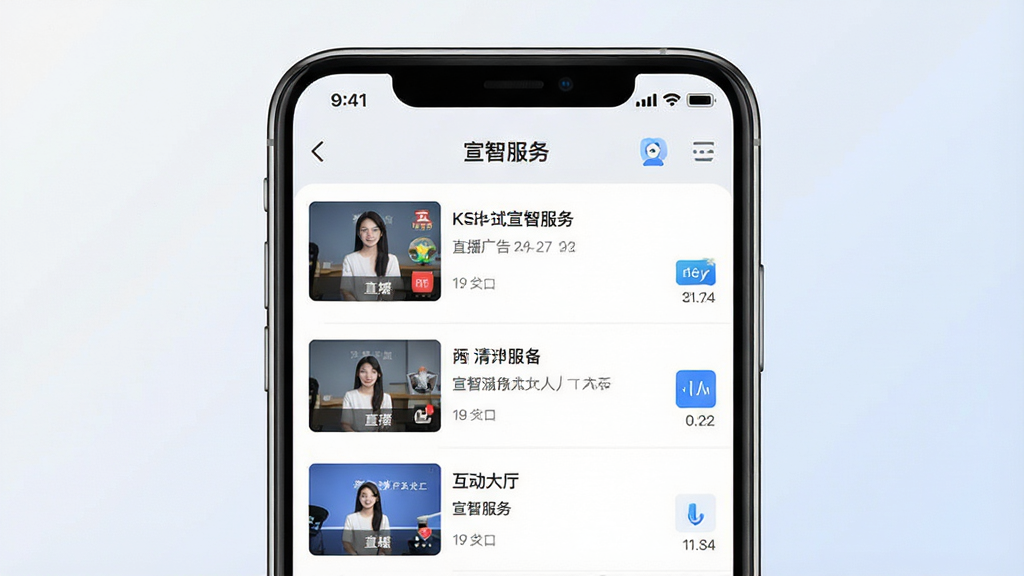 一张展示“宣智服务”App无广告清爽界面的特写图,手机屏幕显示着直播列表或互动大厅,画面干净整洁,没有弹窗和广告横幅,顶部状态栏清晰,界面以浅色为主色调,搭配少量蓝色点缀,风格极简现代,画质锐利,背景为纯色渐变,无多余元素