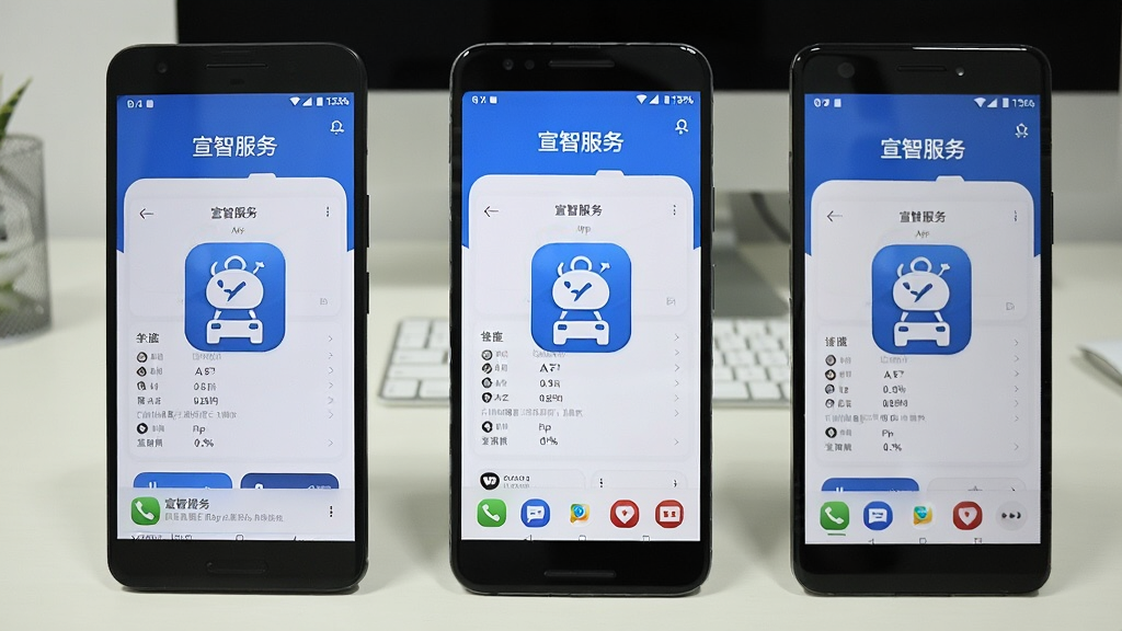 一张展示“宣智服务”App在多款不同型号安卓手机上流畅运行的对比图,画面中并排摆放着三台手机,屏幕均显示“宣智服务”的界面,画面流畅无卡顿图标,背景是简洁的桌面环境,风格写实,光线明亮,画质清晰,无杂乱背景