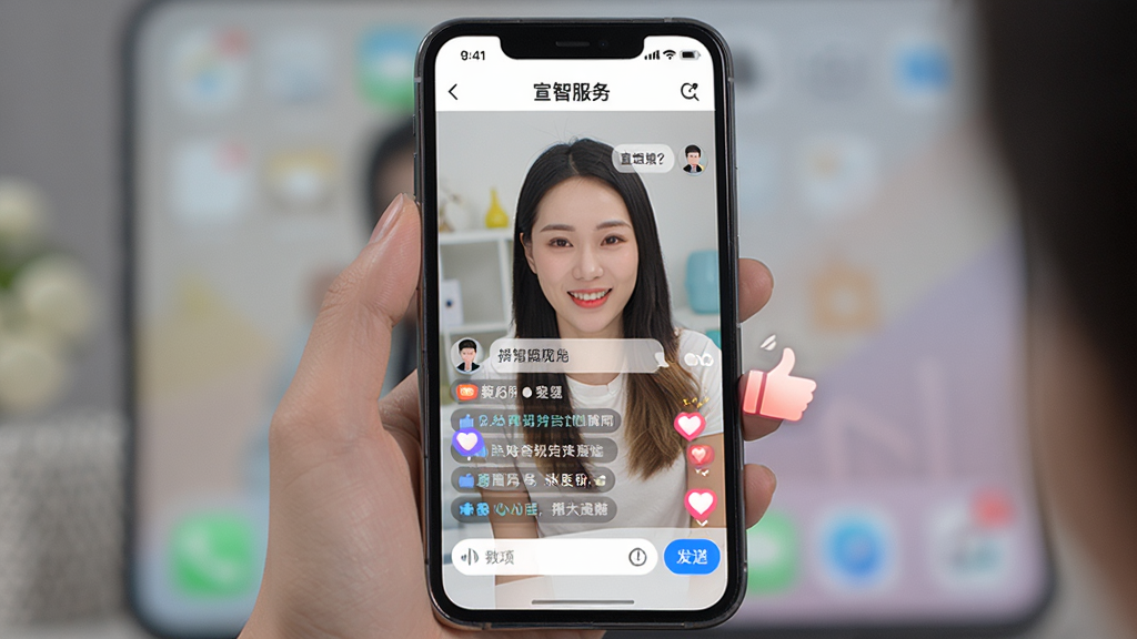 一张展示“宣智服务”App直播间互动场景的图片,手机屏幕显示直播间画面,底部有聊天输入框和滚动的弹幕消息,画面中模拟了用户发送消息和点赞的动态效果,界面配色清晰,蓝色发送按钮醒目,风格活泼现代,画质干净,背景为手机桌面虚化