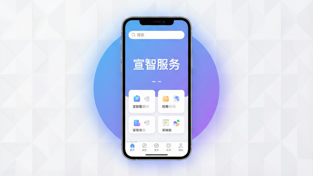 一张展示“宣智服务”App核心界面的手机样机图,画面中央是一部现代智能手机,屏幕上显示着“宣智服务”四个大字的启动页或主界面,界面布局简洁,顶部有搜索栏,中间是功能卡片式入口,底部有导航栏,周围环绕着柔和的蓝紫色渐变光晕,背景是干净的浅色几何纹理,风格现代扁平化,细节圆润清晰,画质高清,无多余杂乱元素