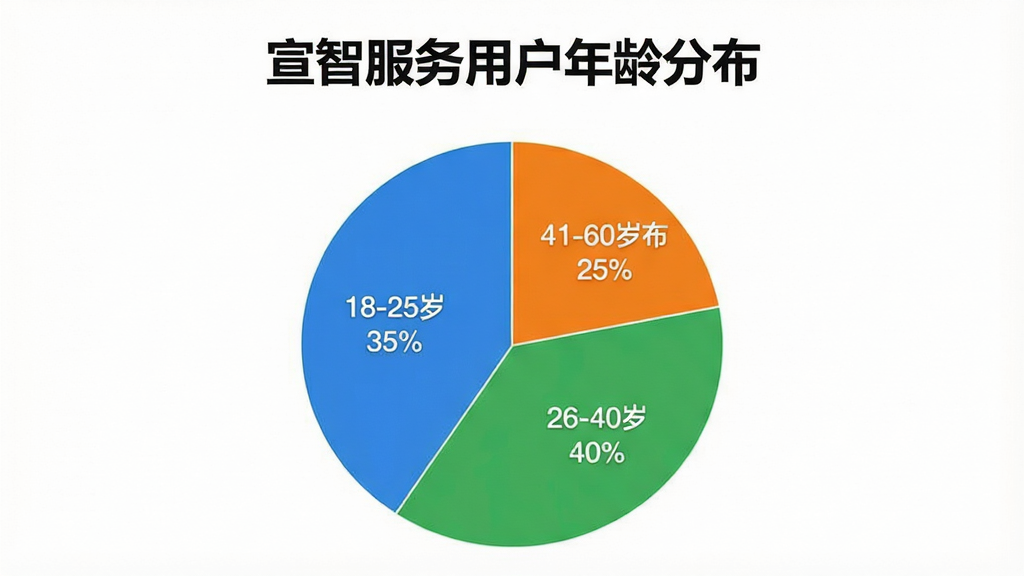一张展示“宣智服务”App用户年龄分布饼状图的图片,图表中显示18-25岁占比35%,26-40岁占比40%,41-60岁占比25%,图表配色采用蓝、绿、橙三色区分,背景为白色,图表标题为“宣智服务用户年龄分布”,风格简洁商务,画质清晰,无多余装饰