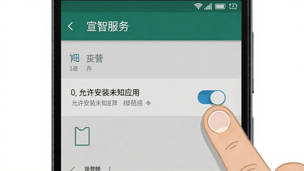 一张展示“宣智服务”App在安卓手机上安装权限设置界面的示意图,画面中手机屏幕显示着“允许安装未知应用”的开关按钮,旁边有手指点击的示意,界面风格为原生安卓设置页,文字清晰,背景简洁,画质干净,无多余元素