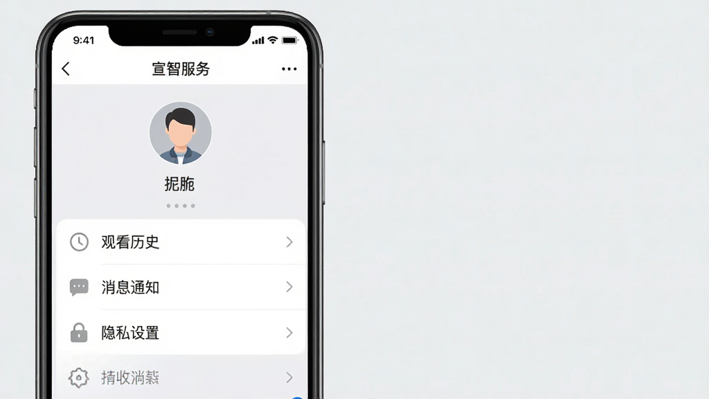 一张展示“宣智服务”App个人中心页面的手机截图,屏幕显示着用户头像、昵称、以及列表式的功能菜单,菜单项包括“观看历史”、“消息通知”、“隐私设置”等,图标简洁,文字清晰,界面以白色和浅灰色为主,风格干净整洁,画质高清