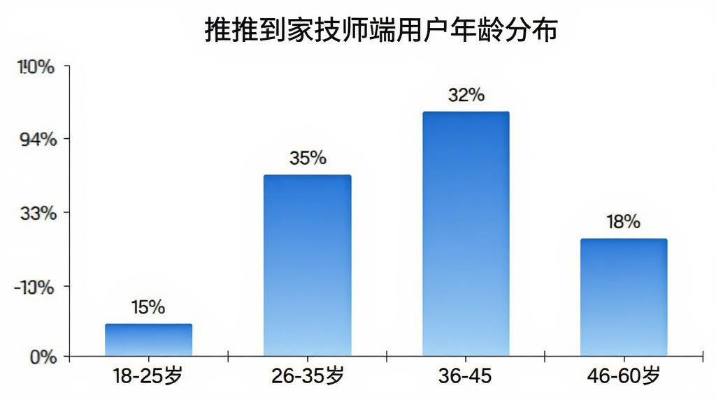 柱状图展示推推到家技师端用户年龄分布,横轴标注年龄段18-25岁、26-35岁、36-45岁、46-60岁,纵轴显示人数占比,柱子高度分别显示15%、35%、32%、18%,图表配色为蓝色渐变,背景白色,数据标签清晰可见,整体风格简洁专业,画质干净无多余元素