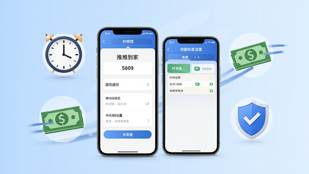 推推到家技师端功能展示图,画面中一部手机展示提现页面和技能标签设置界面,周围环绕着时钟、钞票、盾牌等图标元素,象征时间管理、收入提现和隐私安全三大功能,背景为浅蓝色渐变,整体风格简洁商务,画质干净无多余元素