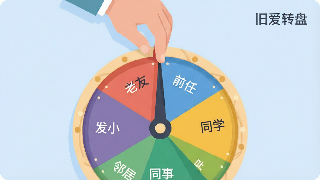 һ�ű�ƽ���廭������������һ�����µ�Բ��ת�̣�ת�̱��ֳ�������ɫ���Σ��ֱ��ע�����ѡ���ǰ�Ρ���ͬѧ����ͬ�¡����ھӡ�����С����ת���Ϸ���һֻ�����ڲ���ָ�룬��������͵ĵ���ɫ���������Ͻ��С��ɰ�ת�̡��ĸ�С�֣����岼�־��У���������ִ������ʸɾ��޶���Ԫ�ء�