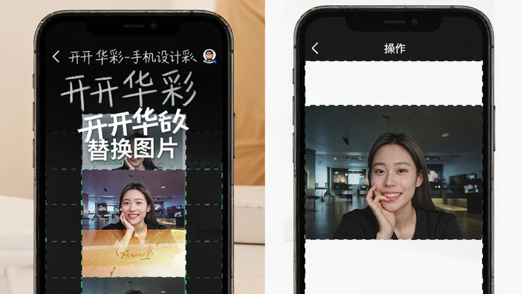 开开华彩-手机设计工具 编辑海报 修改文字替换图片 操作截图