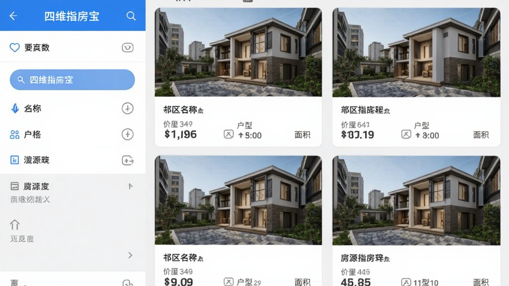四维指房宝App的功能界面截图,左侧是筛选条件面板,右侧是房源卡片列表,卡片上显示小区名称、价格、户型和面积,界面配色为蓝白灰,布局整齐,风格简洁商务,画质清晰