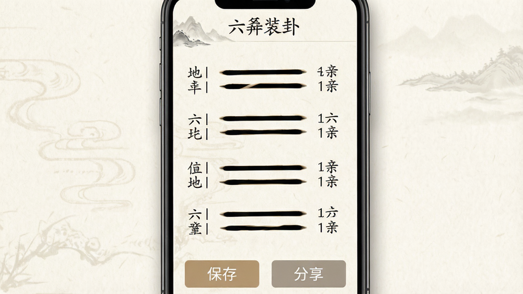 手机应用界面特写,屏幕显示六爻排盘结果页,顶部有“六爻装卦”文字标题,中间是六行爻线从上到下排列,每行爻线旁边标注地支和六亲文字,底部有“保存”“分享”两个按钮,背景为米白色纸质纹理,风格为传统国风与现代UI结合,文字清晰可读,画质干净无多余元素
