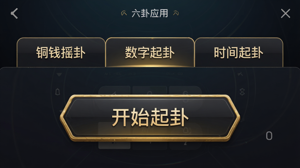 六爻装卦应用起卦设置界面,屏幕中央有三个选项卡分别标注“铜钱摇卦”“数字起卦”“时间起卦”,当前选中“铜钱摇卦”选项,下方有“开始起卦”大按钮,背景为深色渐变,按钮为金色边框,风格为工具类应用设置页,细节精致,画质清晰,无多余元素