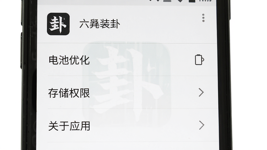 手机屏幕展示六爻装卦应用设置页面,页面内有“电池优化”“存储权限”“关于应用”三个选项列表,顶部有“六爻装卦”应用名称和图标,背景为白色,风格为安卓系统设置界面,文字清晰,画质干净无多余元素