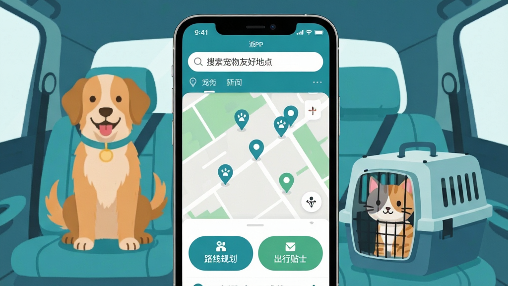 �ɵ��������Ľ���ȫòչʾ�������������ֻ���Ļ����Ļ����ʾ�ɵ�APP�����棬����������д�����������Ѻõص㣬�м��ǵ�ͼ�͸��������Ѻñ�ǵ㣬�ײ���·�߹滮�ͳ�����ʿ������ť����������ܰ�ĳ�����г����廭���й������ڳ�������è���ں�������Ŀ�ͨ�������������±�ƽ��������ɫ��Ϊ�������ʸɾ��������޶�������Ԫ��