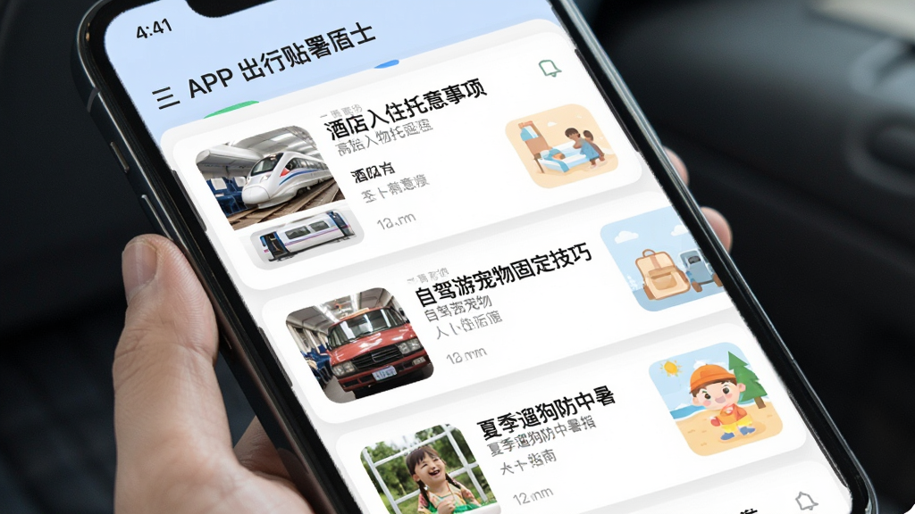 �ɵ�APP������ʿ����չʾ���ֻ���Ļ��ʾ�����б�ҳ�棬ÿƪ�����б��������ͼ������������������������̡��Ƶ���סע������Լ��γ���̶����ɡ��ļ��޹�������ָ�ϣ������Ű����࣬��Ƭʽ��ƣ���ɫ��ͣ������������޶�������Ԫ��