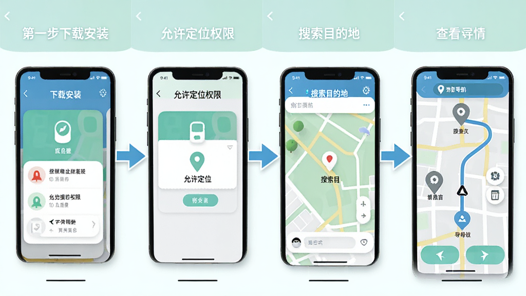 �ɵ�APP���ֲ�������ͼ�⣬�ֻ���Ļչʾ�Ӱ�װ��ʹ�õ��ĸ������ͼ����һ�����ذ�װ���ڶ���������λȨ�ޣ�����������Ŀ�ĵأ����Ĳ��鿴���鲢������ÿһ���м�ͷ���Ӻͼ������˵���������������ˣ���ɫ���£����ʸɾ��޶���Ԫ��