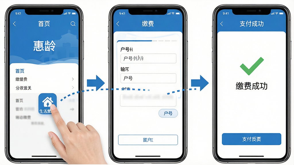 һ��չʾ�����䡱APP�������̵�ʾ��ͼ�������Ϊ�������֣��ü�ͷ���ӡ���һ��������ҳ���棬��ָ���������ɷѡ�ͼ�ꣻ�ڶ������ǽɷ�ҳ�棬���뻧�ţ�����������֧���ɹ�ҳ�棬��ʾ�Թ��͡��ɷѳɹ���������������ͳһ������ɫ�Ͱ�ɫΪ����������ˣ������������޶���װ�Ρ�