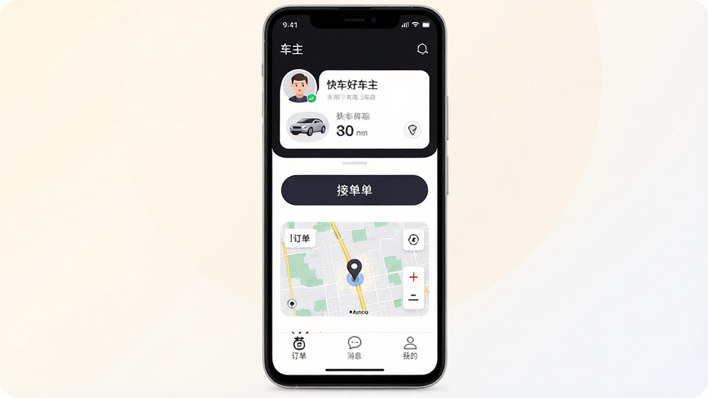 �쳵�ó��� �ֻ�Ӧ��������չʾͼ��������һ��������׿�ֻ�����Ļ����ʾ�쳵�ó���APP��ҳ�����ֶ����ǳ���ͷ���복����Ϣ��Ƭ���м�����Ŀ�Ľӵ���ť���ͼ��������ͼ���ײ��Ƕ�������Ϣ���ҵ�����������ǩ���Ű��࣬����ִ���ƽ����ϸ��Բ�󣬻��ʸɾ��޶���Ԫ�أ�����Ϊǳɫ���䣬ͻ���ֻ���Ļ���ݡ�