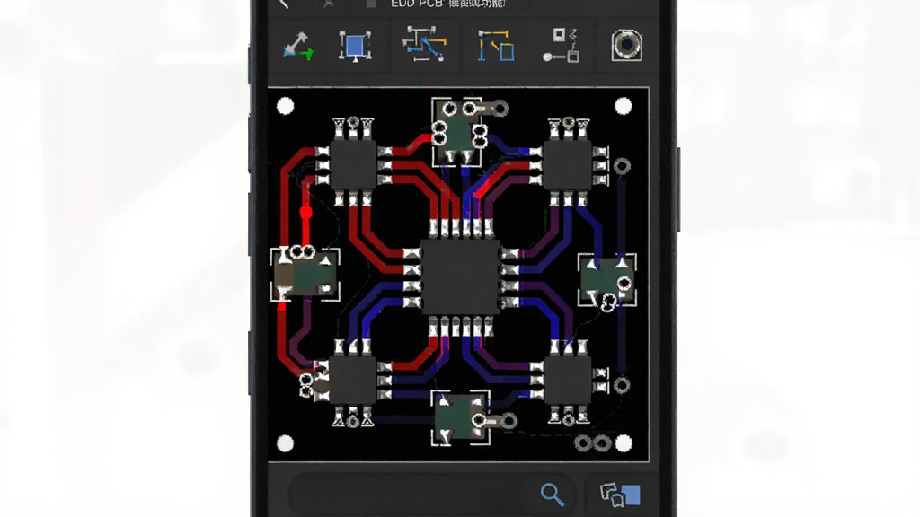 һ��չʾEDA����PCB���߹��ܵ��ֻ�����ͼ���������ֻ���Ļ�ϵ�PCB����ͼ�������Ǻ�ɫ�����İ����ɢ���ż���Ԫ����װ���к�ɫ����ɫ���������ӣ��Ű������������רҵ���������������ɫ���⣬ϸ�ڴ��ܿ������̺͹��ף������������޶���Ԫ�ء�