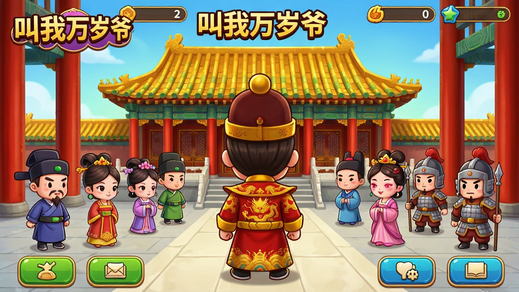 一张展示“叫我万岁爷”游戏主界面的全景图,画面中央是金碧辉煌的古代宫殿场景,宫殿前站着一位身穿龙袍的皇帝背影,周围环绕着大臣、妃子和士兵的卡通形象,布局上方是游戏Logo和资源栏,下方是功能按钮,排版采用对称式结构,风格为Q版中国风,细节上宫殿有琉璃瓦和红色立柱,人物表情生动,画质高清干净,无多余元素