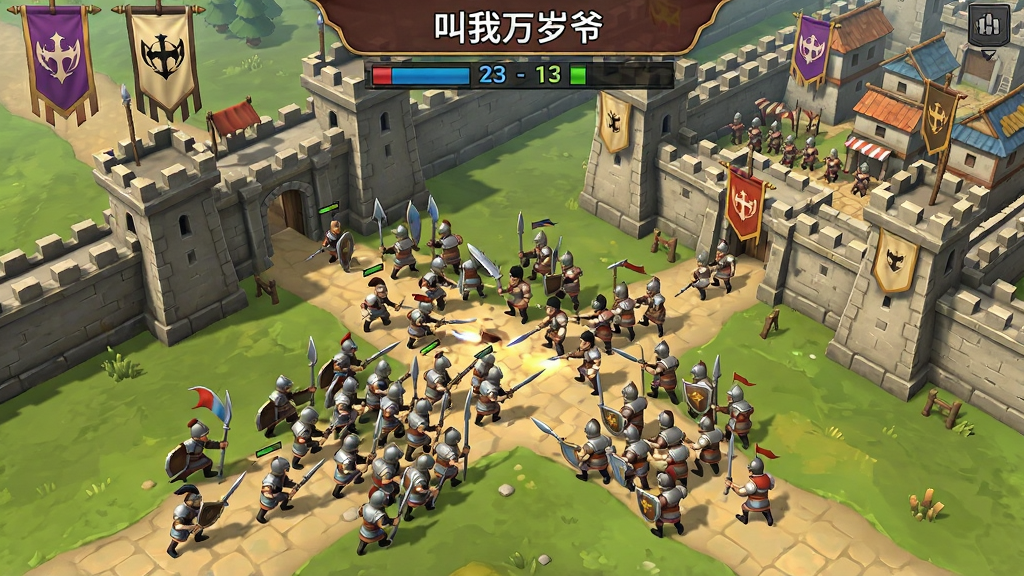 一张展示“叫我万岁爷”游戏内联盟战场景的图片,画面中是多支军队在城池下交战,上方有联盟旗帜和比分条,布局采用俯视角,风格为卡通写实,细节上士兵有不同兵种,城池有城墙和箭塔,画质清晰干净,无多余元素