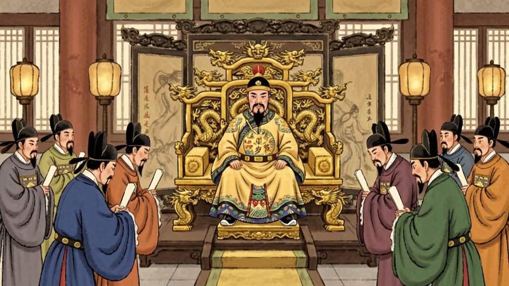 一幅描绘“叫我万岁爷”朝堂场景的插画,画面中心是皇帝坐在龙椅上,下方两侧站着文武百官,官员们手持笏板正在奏事,布局采用中轴对称,风格为工笔国风,细节上龙椅有金色雕龙,官员官服颜色各异,背景有屏风和宫灯,画质细腻干净,无多余元素