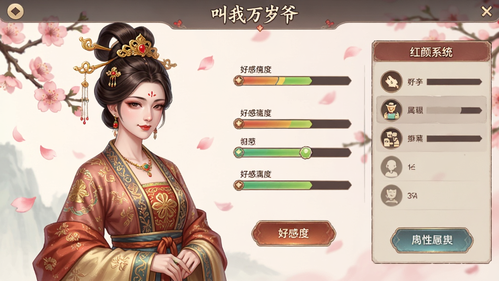 一张展示“叫我万岁爷”游戏内红颜系统界面的图片,画面中是一位身穿华丽唐装的古代美人立绘,周围环绕着好感度进度条和互动按钮,布局左侧是美人画像,右侧是属性面板,风格为唯美古风,细节上美人发髻有金钗,背景有桃花飘落,画质柔和干净,无多余元素