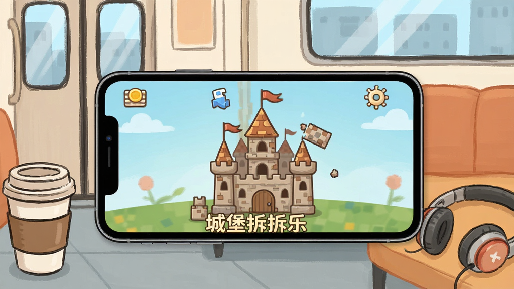 城堡拆拆乐离线游玩场景图,画面展示一部手机横屏显示游戏界面,手机周围有地铁车厢、咖啡杯、耳机等生活物品,手机屏幕里是城堡拆拆乐的游戏画面,正在拆一座小城堡,整体风格为生活场景插画,色调温馨,画质干净,图片中带有“城堡拆拆乐”文字