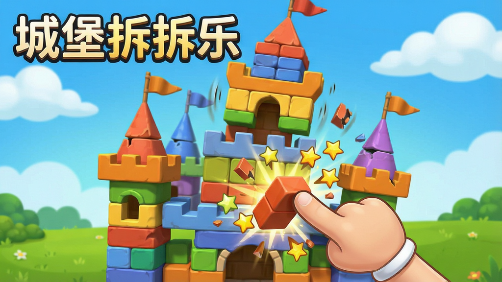 一张展示城堡拆拆乐游戏核心玩法的宣传图,画面中央是一座由彩色砖块堆叠而成的立体城堡,一只卡通手指正点击城堡底部的一块砖,砖块飞出的瞬间带有碎片飞溅和星星特效,城堡呈现摇摇欲坠的动态感,背景是蓝天白云和绿色草地,整体风格为色彩明快的卡通3D渲染,画质清晰干净,无多余元素,图片中带有“城堡拆拆乐”文字标题