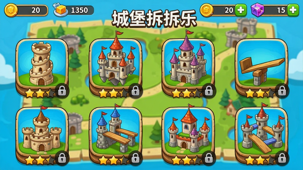 城堡拆拆乐关卡选择界面截图,画面展示多个不同结构的城堡关卡图标,包括螺旋塔、悬空城堡、跷跷板结构等,每个图标下方有星级评价和锁头标识,界面背景为卡通风格的地图,顶部显示金币和道具数量,整体布局清晰,色彩丰富,画质干净,图片中带有“城堡拆拆乐”文字