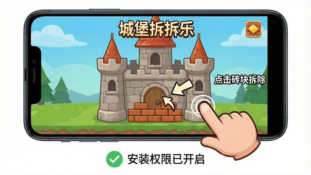 城堡拆拆乐新手操作示意图,画面展示一部安卓手机屏幕,屏幕上显示游戏新手引导界面,一只卡通手指正在点击城堡底部的砖块,旁边有箭头和文字提示“点击砖块拆除”,手机下方有“安装权限已开启”的绿色对勾图标,整体风格为教程图解,色彩清晰,画质干净,图片中带有“城堡拆拆乐”文字