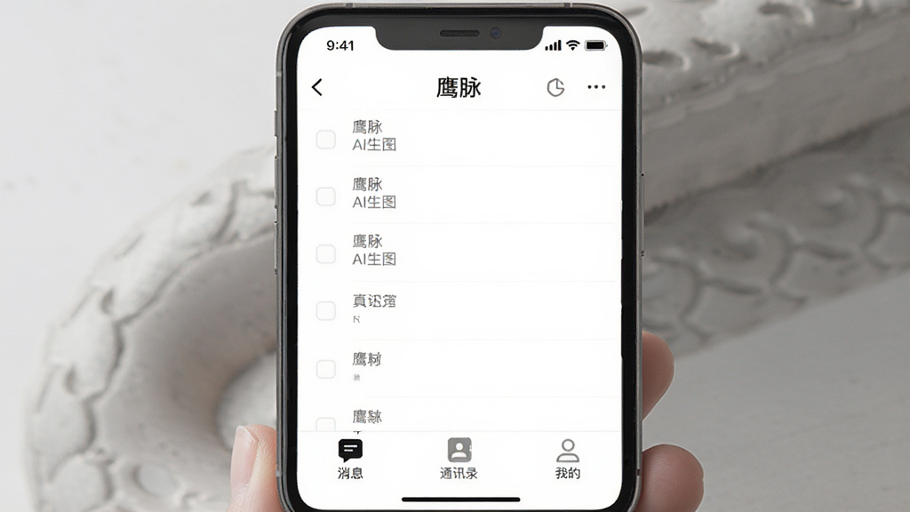 AI生图:“鹰脉”App的界面设计展示图,画面中手机屏幕显示简洁的聊天列表,背景纯白,顶部状态栏干净,没有广告横幅和弹窗,屏幕下方有“消息”、“通讯录”、“我的”三个极简图标,整体风格极简清新,画质细腻,无多余元素。