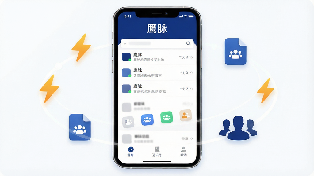 一款名为“鹰脉”的通讯协作软件核心全貌展示图,画面中央是手机屏幕,屏幕内显示“鹰脉”App主界面,界面以深蓝和白色为主色调,顶部有“鹰脉”文字标识,中间是清晰的聊天列表和群组图标,底部有消息、通讯录、我的三个选项卡,界面干净无广告弹窗。手机周围环绕着代表消息秒达的闪电符号、代表文件传输的文档图标和代表团队协作的人物剪影。整体风格现代扁平,细节圆润,画质干净,无多余元素。