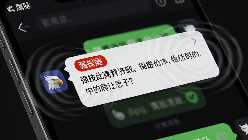 手机屏幕特写,画面中“鹰脉”App的聊天界面,一条带有红色“强提醒”标签的消息正弹出,屏幕边缘有震动波纹特效,背景是深色模式,突出消息的醒目感,画面风格写实,画质清晰,无杂乱元素。