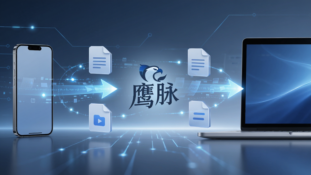 手机和电脑之间文件传输的示意图,画面中央是“鹰脉”的Logo,左右两侧分别是手机和笔记本电脑,中间有发光的箭头和文档图标在流动,代表文件快速传输,背景是科技感线条,风格简洁现代,画质干净。
