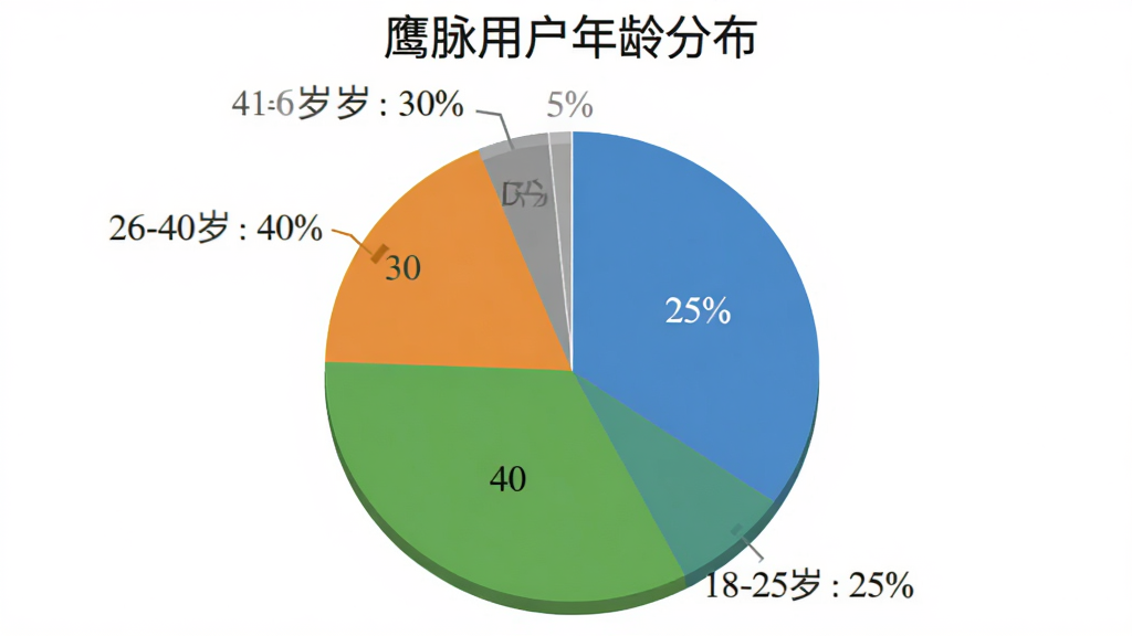 饼状图,标题为“鹰脉用户年龄分布”,图表显示18-25岁占比25%,26-40岁占比40%,41-60岁占比30%,60岁以上占比5%,配色为蓝色、绿色、橙色、灰色,风格简洁数据可视化,画质清晰无多余元素。